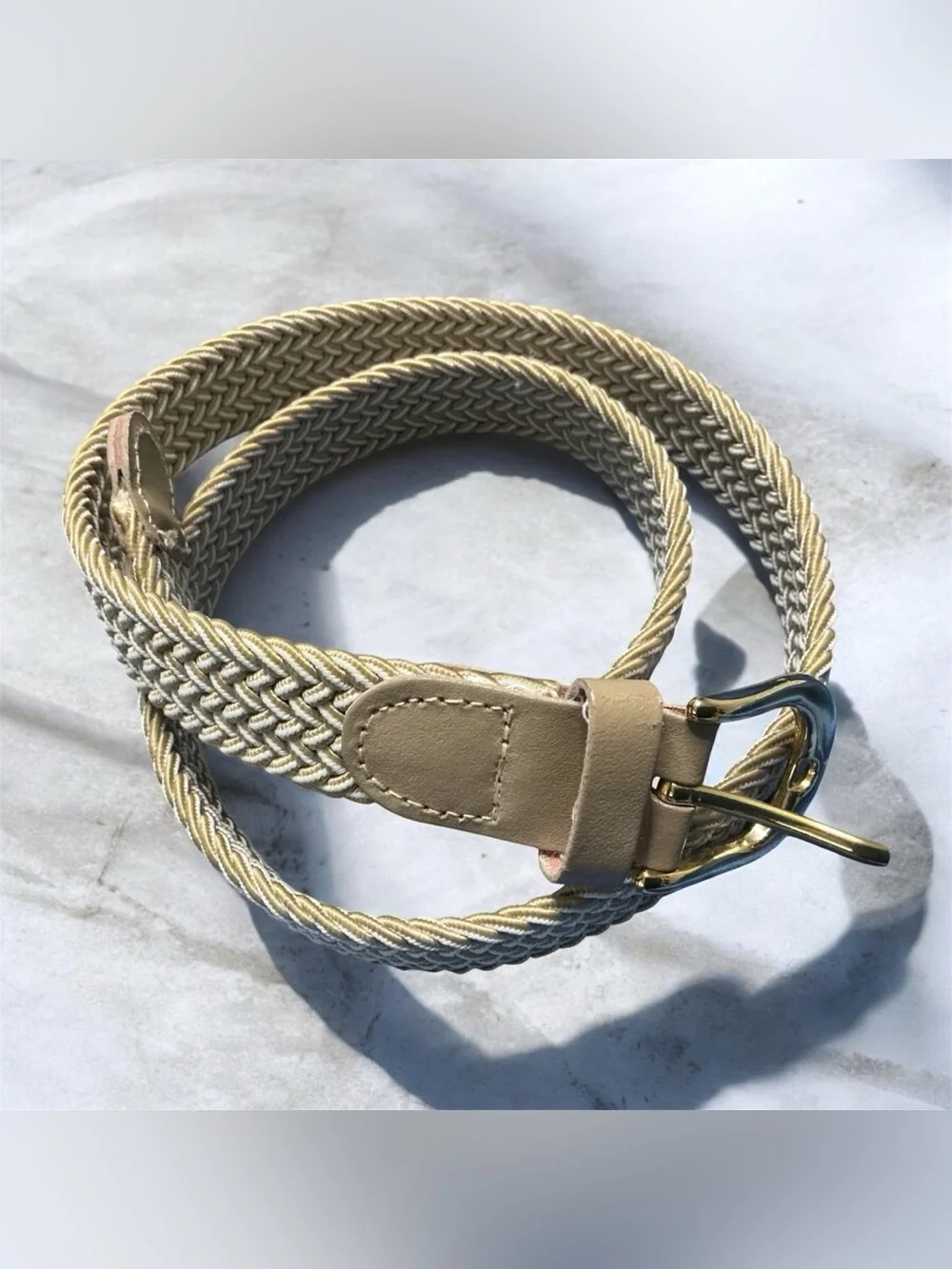 Women’s Braided Elastic Stretch Belt Gold Buckle Leather Tip Waist Belt NWOT